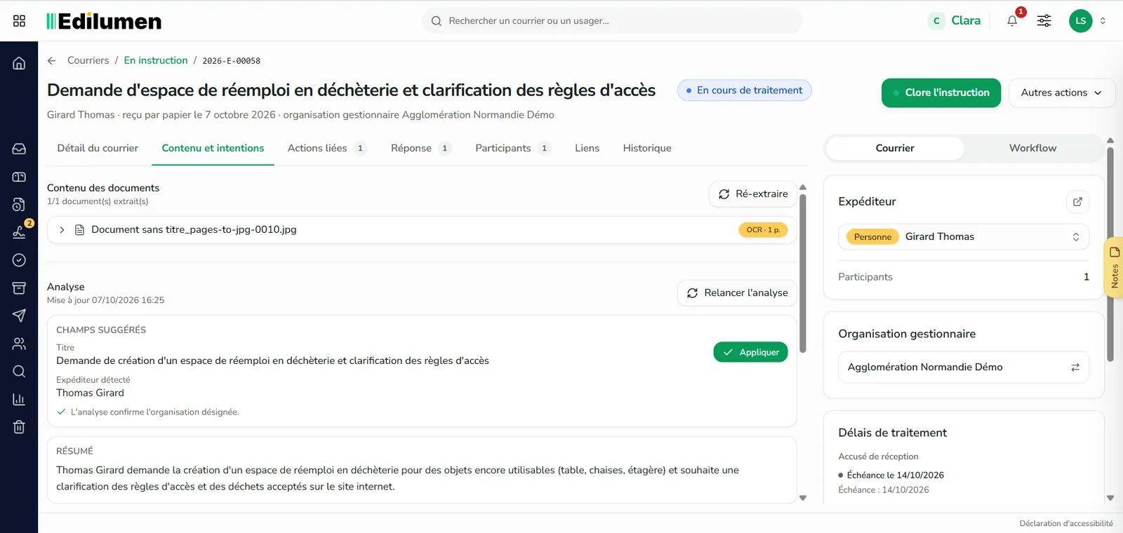 Fiche d'un courrier dans Clara : document extrait par OCR, champs suggérés par l'analyse et résumé de la demande